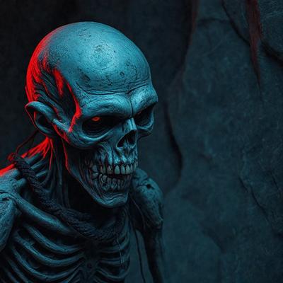 The primary subject of the image is a skeleton with a blue head, which appears to be a sculpture or a digital artwork. The setting is a dark, possibly underground environment, with a rocky background. The visual style is a combination of photo and digital art, creating a unique and eerie atmosphere. The dominant colors are blue and black, with the blue head of the skeleton being the most prominent feature.